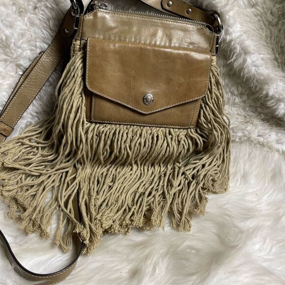 Ghurka made in Italy leather & textile Khaki woven & fringe small crossbody bag - Picture 8 of 16